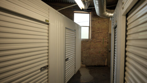 Window facing indoor storage units at the Towne Storage Gateway Storage Facility