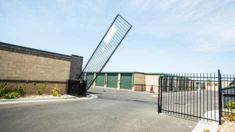 Front gate open at the Towne Storage Colt Plaza Storage Facility
