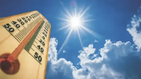 Temperature gage and view of sky with sunlight